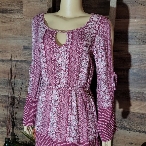 Pink Rose Floral Boho Shift Dress Size M Tie Sleeves Stretch Waist Country Girl - Picture 3 of 13